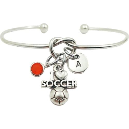 I Love Soccer Retro Creative Initial Letter Monogram Birthstone Adjustable Bracelet Fashion Jewelry Women Gift Pendant