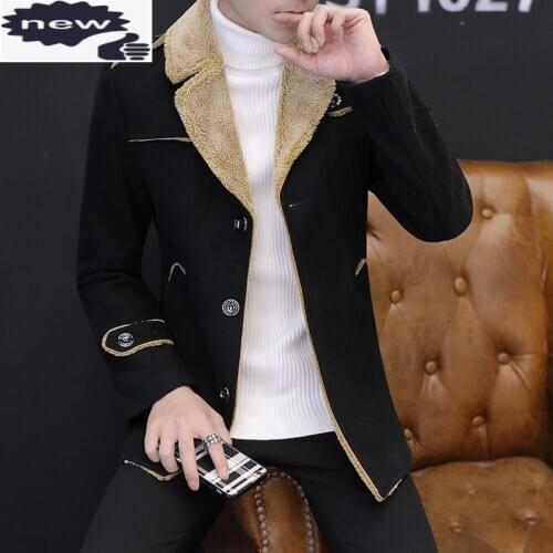 Fashion Epaulet Mens Winter Fleece Lining Warm Jacket Korean Slim Fit Wool Coat For Men Casual Boys Fur Collar Overcoat Big Size