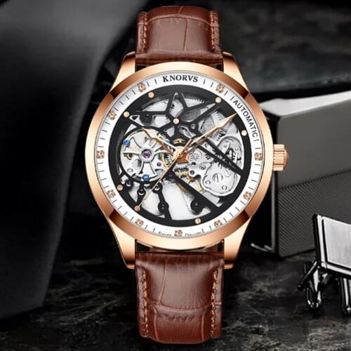 KNORVS Fashion Brand Mechanical Watch Men Tourbillon Automatic Skeleton Mens Watches Hollow out Waterproof relogio masculino