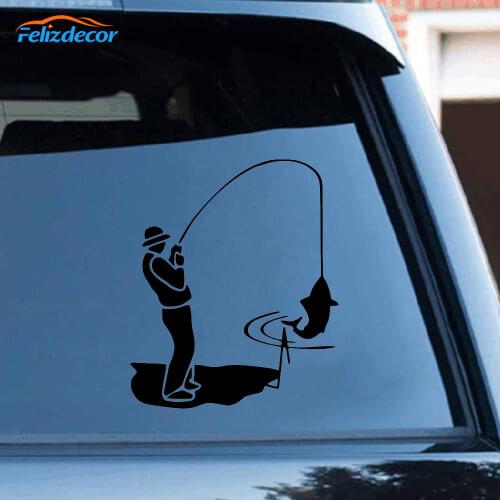 13*15cm Pleasant fishing Decal Vinyl Fishermen Pattern Car Trunk Decor Car Murals Stickers Silver Black L1137