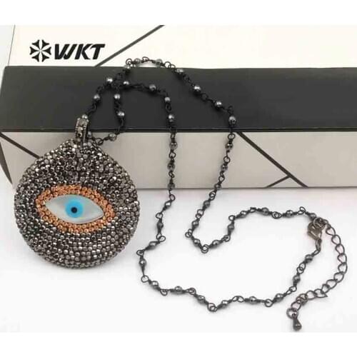 WT-NV214 Wholesale New Arrival Elegant CZ Rhinestone Pave Jewelry Round Shape Hematite Beads rosary Chain Pendant Necklace
