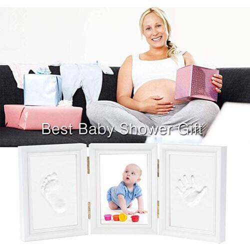 Newborn Baby Handprint Gift Footprint Tri-fold DIY Clean Desk Decoration Non-toxic Solid Wood Safe Ink Pad Photo Frame