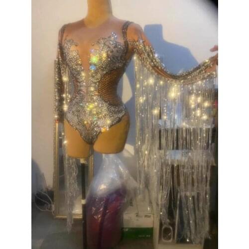Sexy Silver Long Tassel Rhinestone Bodysuits Women Stretch Crystal Fringes Jumpsuit Club Party Leotard Dancer Stage Outfits