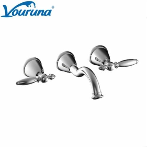 VOURUNA Contemporary Two Handles Golden Bathroom Faucet Chrome Finish Wall Mounted Basin Mixer Tap Set