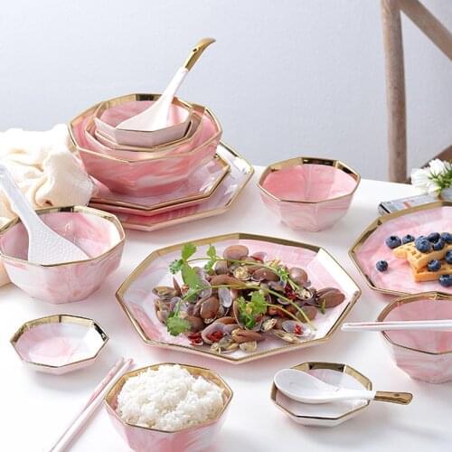 Gold Inlay Plate Nordic Style Tableware Pink Ceramic Steak Food Plate Salad plate Dessert Dish Dinner Dish Dinnerware Set