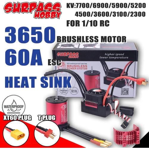 SURPASS HOBBY 3650 Combo Brushless Motor Waterproof ESC T/XT60 Plug with 60A ESC Heat Sink for 1/10 RC Tamiya Traxxas Slash