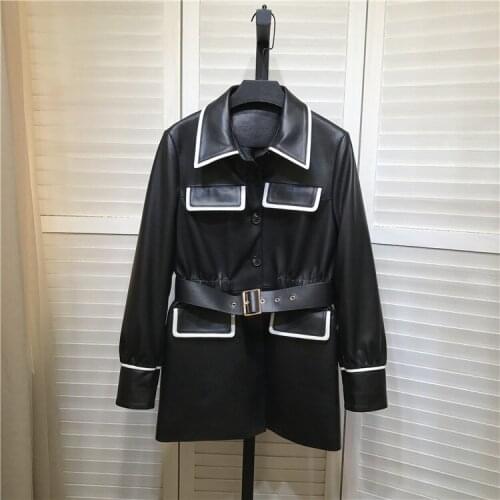 Europe Style Spring 2021 New Desinger womens belt leather coat High quality genuine leather pockets jackets Top C394