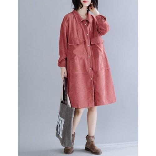 Corduroy Women Shirt Jacket Autumn Winter Turn Down Collar Pocket Plus Size Elegant Vintage Long Sleeve Female Blouse Pink Coat