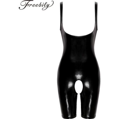 Womens Adult One-piece Exotic Bodycon Sexy Clubwear Wetlook Patent Leather Crotchless Open Butt Short Babydoll Leotard Bodysuit