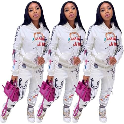 FNOCE 2020 autumn winter womens sets young street fashion letter print long sleeve hooded loose hoodies tight trouser 2-pc suit
