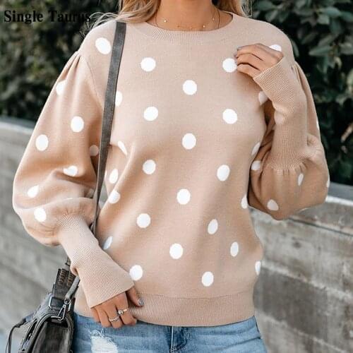 Dot Print Female Casual Sweaters Streetwear O Neck Long Sleece Winter Clothes for Women Korean Knitted Ladies Jumper Korean Tops