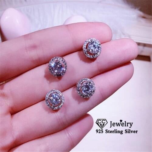 S925 Stud Earrings For Women Silver Cubic Zirconia Round Stone Simple Brincos Bridal Wedding Earring Fine Jewelry CCE032