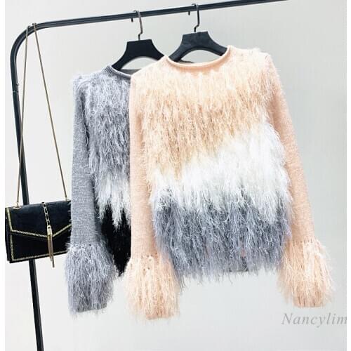 Contrast Color Weave Tassel Knit Top Womens Spring and Autumn New Fur Short Round Neck Sweater Pullover Long Sleeve Jumper
