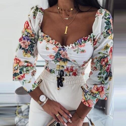 Womens Floral Print Ruffle Trim Crop Top Elegant Long Puff Sleeve Square Neck Bodycon Slim Fit T-Shirt Blouse Streetwear 2021
