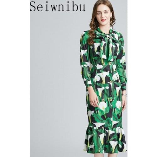 2021 Spring Fashion Runway Floral Midi Dress Women Long Sleeve Bow Collar Floral Print Bead Ruffles Elegant Mermaid Dress