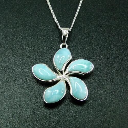 High Quality 100% 925 Sterling Silver Natural Dominica Larimar Plumeria Flower Womens Pendant Necklace For Gift