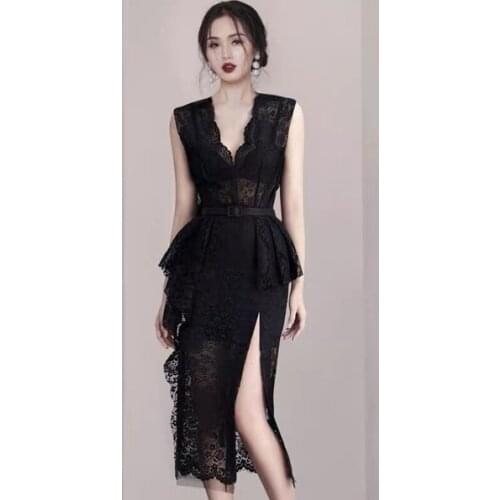 Retro Elegant Ladies Ruffles Black Pencil Dress 2021 Summer Women sleeveless V-neck High Waist Split Sexy Dresses With Belt