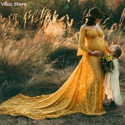 Vkiss Yellow Evening Dress 2021 Lace Simple For Pregnant Photography Shoot Long Sleeves V-neck Prom Dress вечерние платья платье