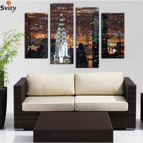 4 Piece Wall Art New York Manhattan USA With Lights In Nice Night Scene Print On Canvas The City Pictures oil painting wholesale