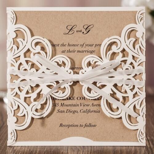 50Pcs Ivory Laser Cut Wedding Invitations Card With Hollow Flower White Ribbon for Marriage Birthday Party,Customizable CW6175W