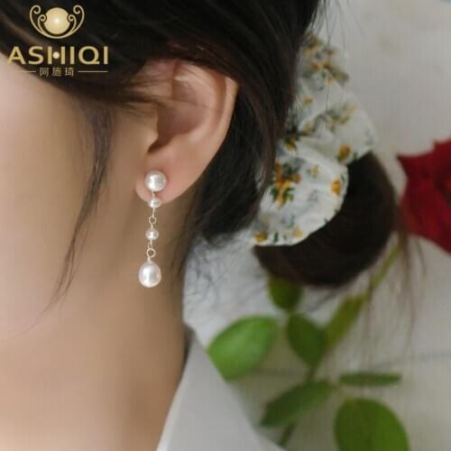 ASHIQI 925 Sterling Silver Long Drop Earring For Women Natural Freshwater Pearl Jewelry Gift