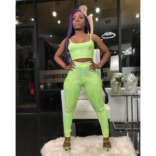 BKLD Summer Glitter Sexy Two Piece Set Solid Spaghetti Strap Crop Top And Pants Women Bodycon Set Party Clubwear Women Outfits