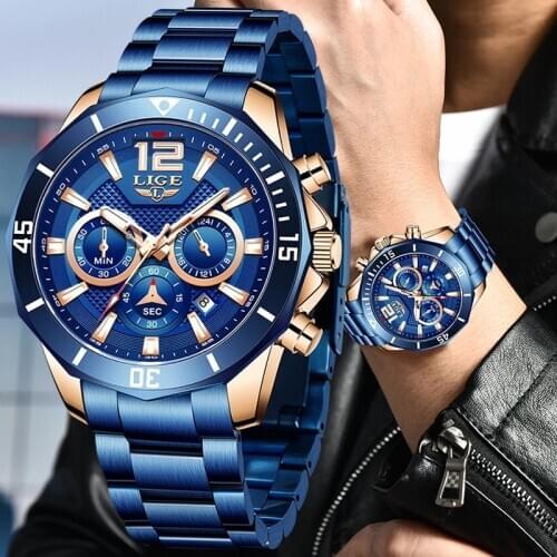 Reloj Hombre 2021 LIGE Fashion Blue Mens Watches Top Brand Luxury Quartz Watch For Men All Steel Sport Waterproof Chronograph