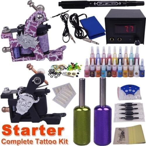 Cheap beginner tattoo kits 2 guns make up permanent tatoo machine kit complete tattoo machine set