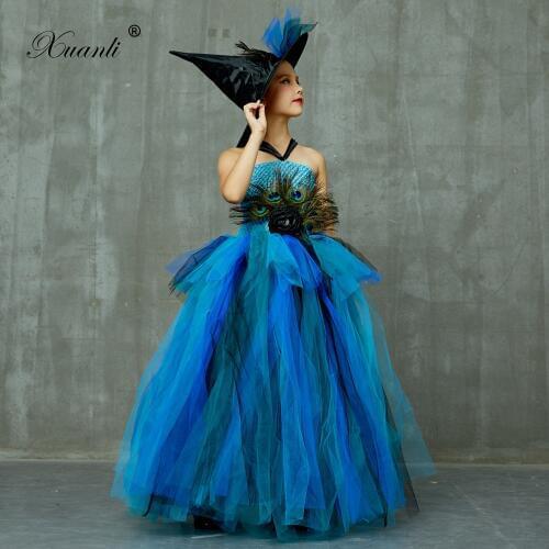 Kids Girls Dress with Spirit Hat Children Peacock Spirit Clothing Girls Christmas Party Tutu Dress Princess Costume