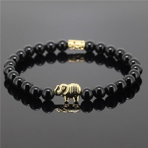 2PCS Hotsale Fashion Women Jewelry 6MM Black Onyx Stone Beads Gold And Silver Plated Alloy Elephant Pendant Men Bracelets