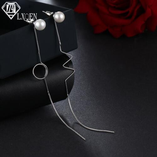 LXOEN Elegant Simulated Pearl Long Drop Earrings For Women Round Geometry Office Lady Dangle Earrings Gift Pendientes Jewelry