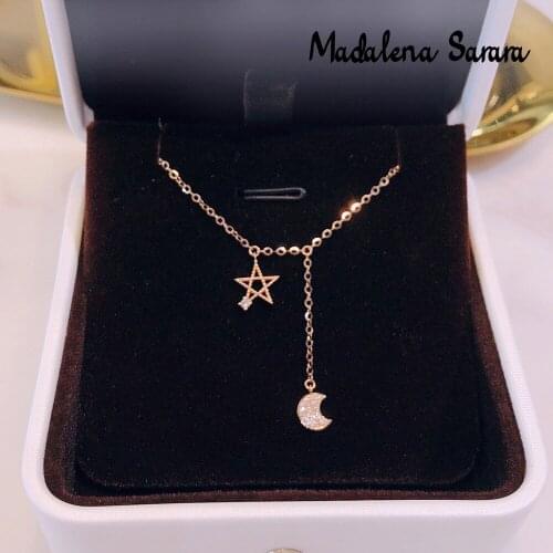 MADALENA SARARA Pure 18K Gold Star Moon Pendant Diamond Inlaid Au750 Pure Gold Chain Necklace Korean Style