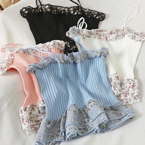 Women Tanks Tops Spaghetti Straps Knitted Vest Womens Ruffled Sleeveless Top Summer Camis Crop Top For Women