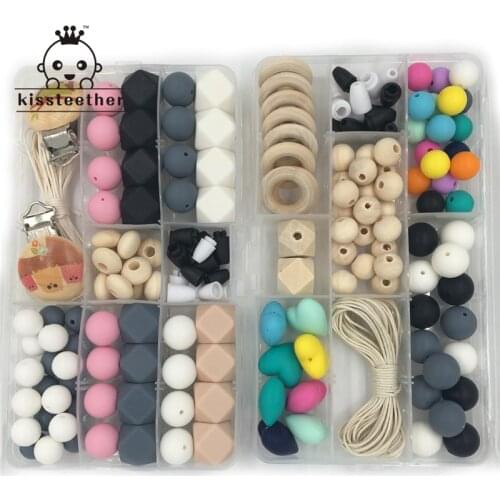 2pcs Baby Teether Toys Silicone Teething Kit Geometric Hexagon Silicone Beads Wooden Ring Pacifier Clip DIY Nursing Necklace