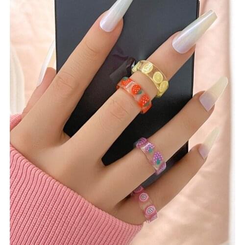 Sweet Resin Fruit Rings Set Fashion Colorful Cute Party Wedding Rings for Women Girls Jewelry Gifts