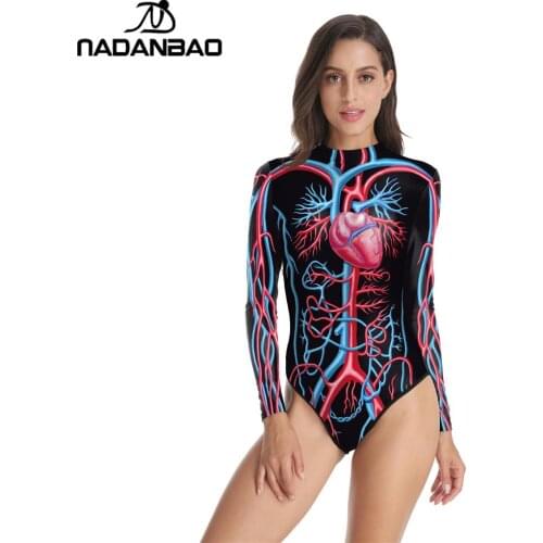 NADANBAO 2020 New Long Sleeve Halloween Sexy One Piece Swimsuit Printed Sport Swimwear Swimming Suit for Women