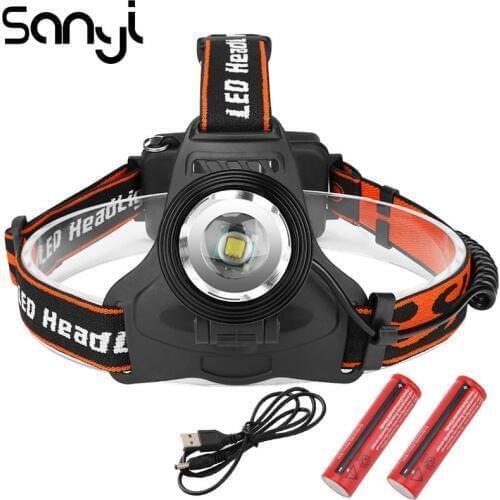 SANYI T6 Headlamp 3 Modes Headlight 3800LM USB Rechargeable by 2*18650 Battery LED Flashlight Forehead for Camping