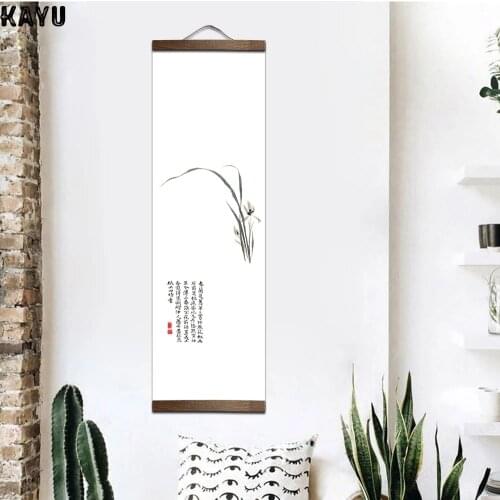 Chinese style flower Green plants fish canvas decorative painting Store bedroom living room wall art solid wood scroll paintings