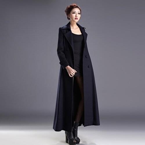 New Fashion Double Breasted Long Wool Coat Bow Belt Navy Blue Lapel Women Overcoat Clothes Autumn Winter Luxury OL Style Coats