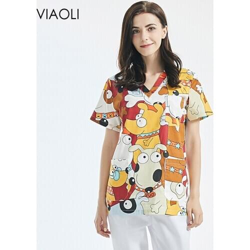 Wholesale Nutritionist scrubs sets women Cartoon printing spa uniform scrubs tops Lab dustproof work wear Pet club work uniforms