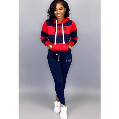 Autumn and Winter Sportswear Ladies 2-Piece Stripe Printed Hoodie + Pants Sportswear Womens Stitching Casual Suit S-3Xl