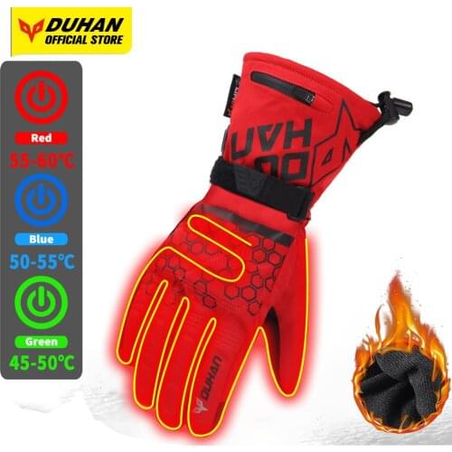 DUHAN Winter Motorcycle Gloves Motocross Heated Gloves Waterproof Guantes Moto Accessories Cold Protection Touch Screen Red