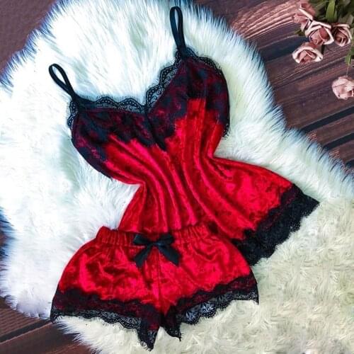 New Pyjamas Women Sexy Lingerie Camisole Bow Shorts V-neck Tops Velvet Pajamas Sleepwear Woman Sexy Pijamas Set Pizama Damska