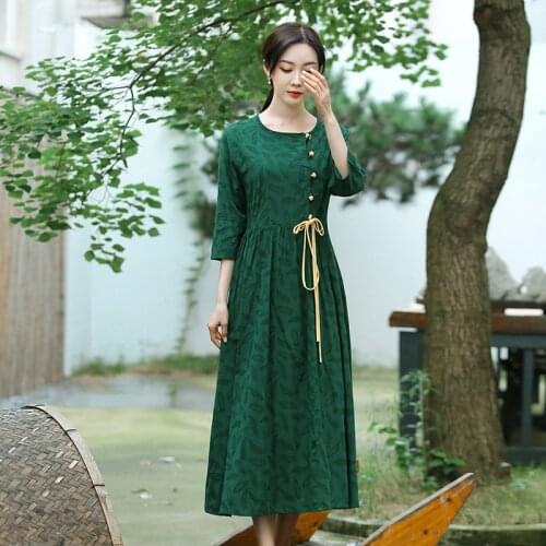 Uego Original Design Vintage Chinese Style Dress Three Quarter Sleeve Autumn Spring Summer Dress Women Out Travel Casual Dress