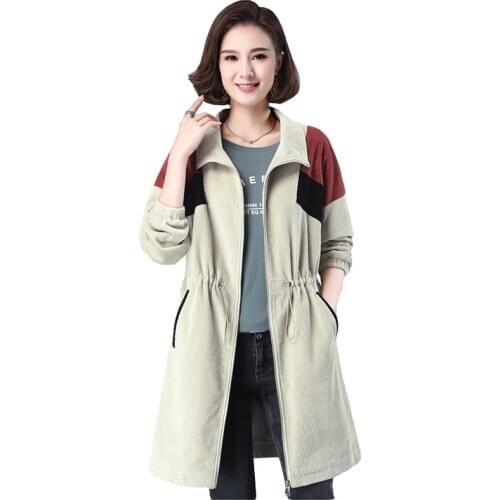 Corduroy Windbreaker Woman Outerwear Mid-Length Autumn Clothes NEW Fashion Plus Size Loose Spring Autumn Mother Casual Jacket