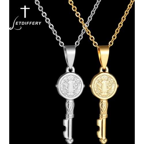 Letdiffery Vintage Saint Benedict Medal Key Chain Necklaces for Women Men Stainless Steel Necklace Catholic Christian Gifts