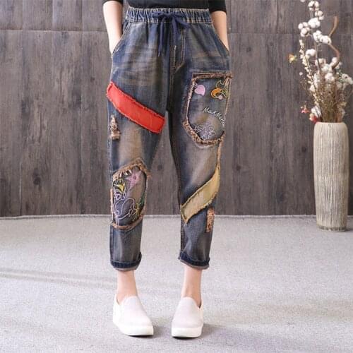 2021Spring New Embroidery Ripped Patch Jeans Women Elastic Waist Literary Retro Washed Harlan High Waist Female Cowboy Pants A58