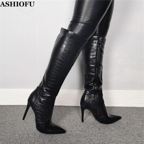 ASHIOFU New Arrival Ladies High Heel Boots Party Prom Knee Boots Pointy Sexy Club Evening Hot Style Fashion Stiletto Boots Shoes