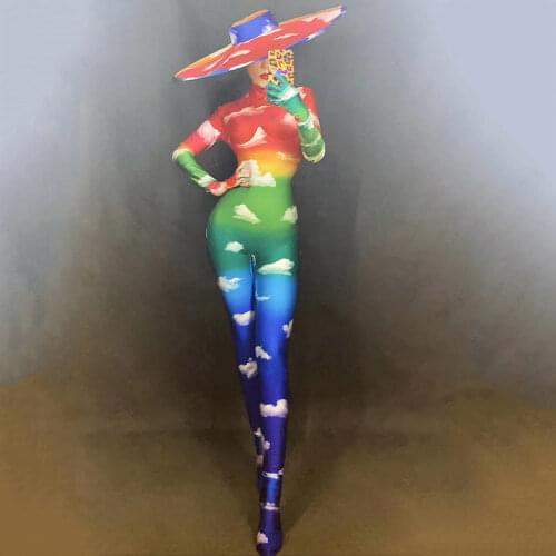 Multi-Color Rainbow Clouds Print Women Jumpsuit Turtleneck Tight Stretch Bodysuits Halloween Lady Costume Birthday Party Outfit