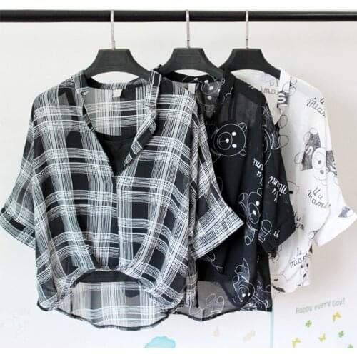 Lady 2021 Two Piece Set Zebras Chiffon Shirt Half Sleeve Plus Size Summer V-Neck Women Casual Blouse Sexy Grid Striped Pink Tops